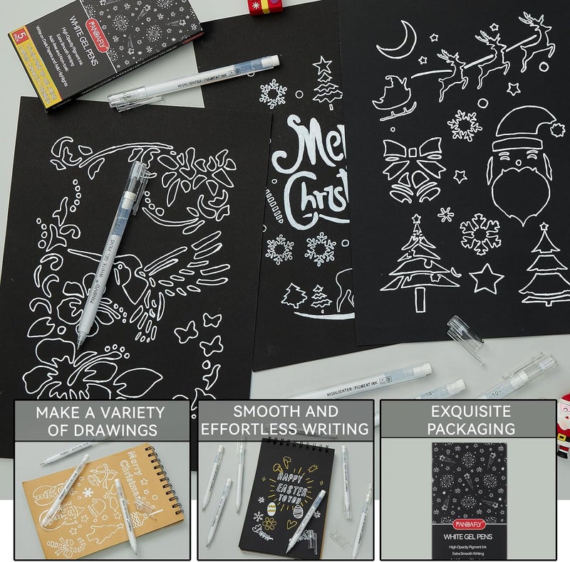 PANDAFLY White Gel Pens, 1 mm Extra Fine Point Gel Ink Pens, Opaque Archival Ink Pens for Black Paper Drawing, Sketching, Card Making, White Gel Pen for Art Highlight & Artists Drawing, 5 Pack - Image 4